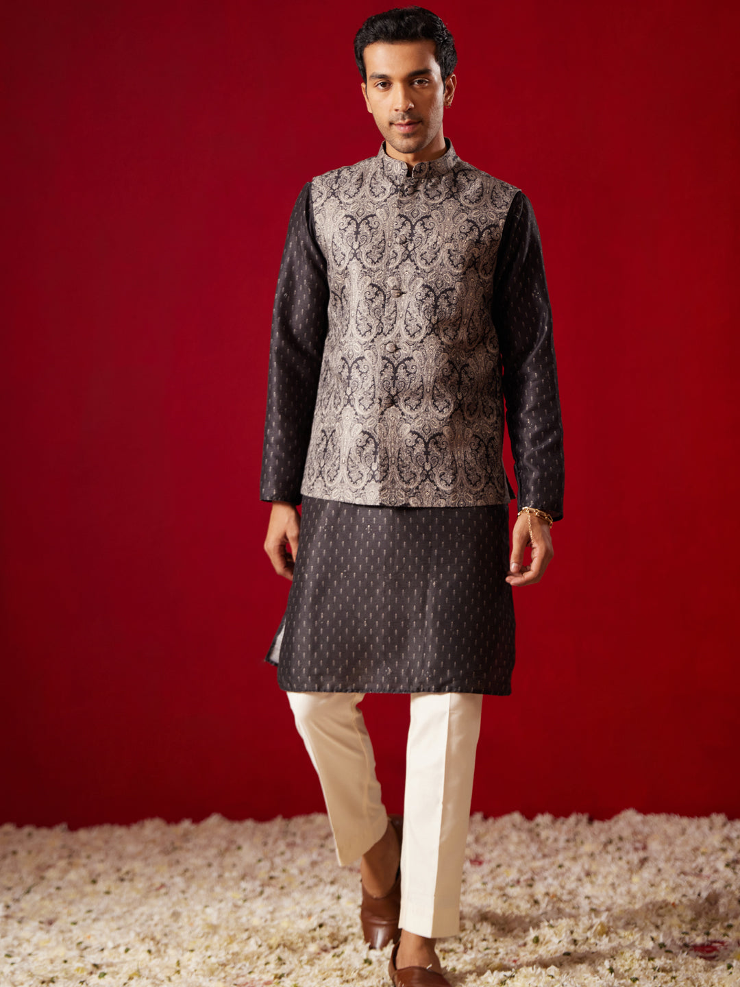 Men's Black Silk Blend Straight Nehru Jacket