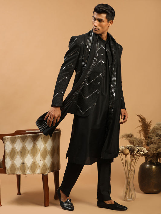 Men's Black Viscose Straight Jacket  Kurta and Pyjama Set