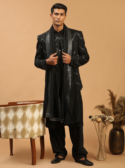 Men's Black Viscose Straight Jacket  Kurta and Pyjama Set