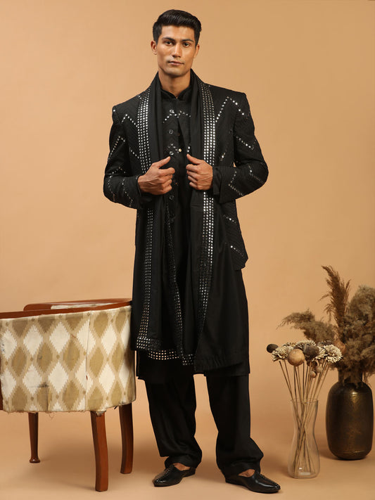 Men's Black Viscose Straight Jacket  Kurta and Pyjama Set