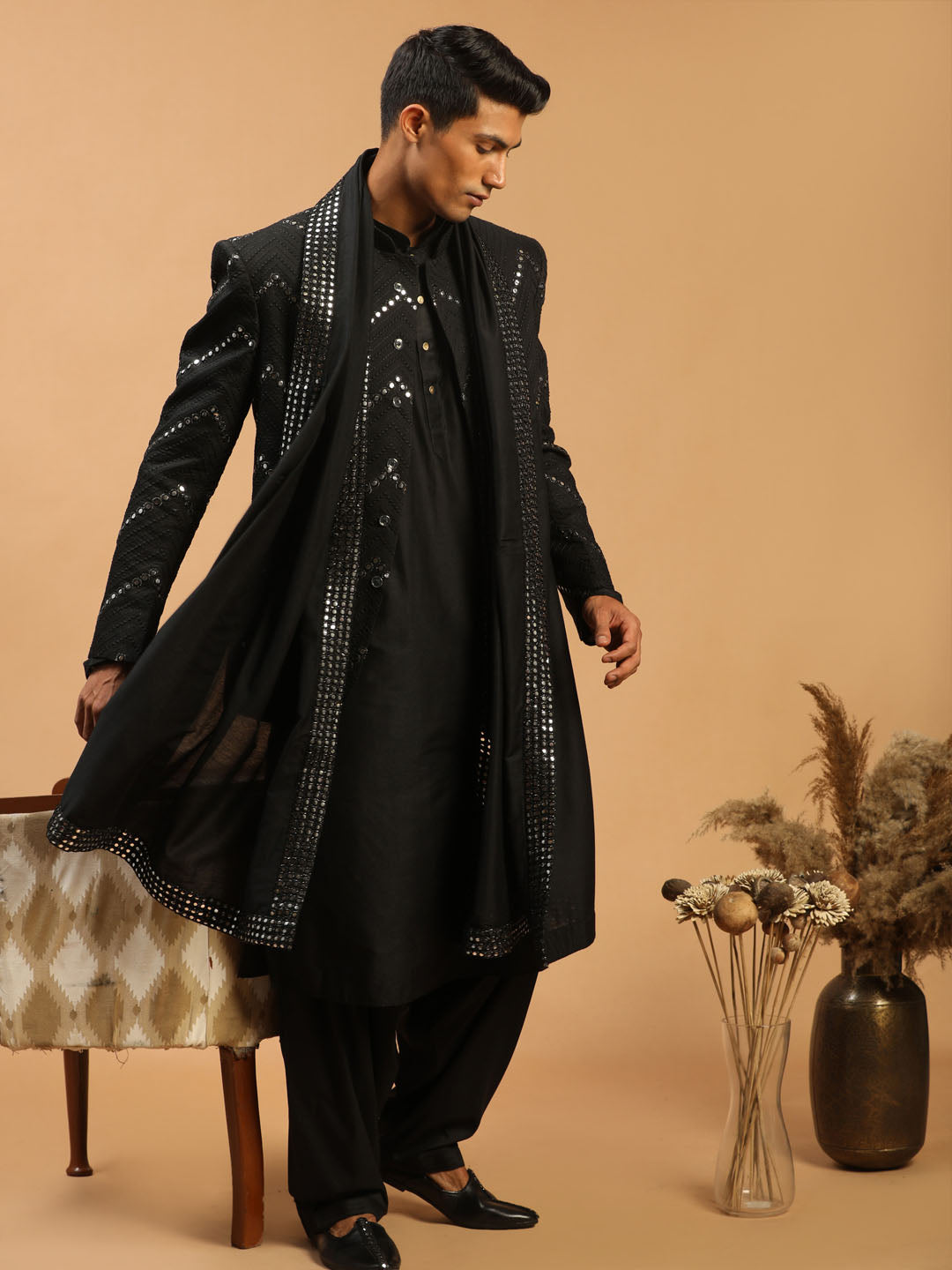 Men's Black Viscose Straight Jacket  Kurta and Pyjama Set