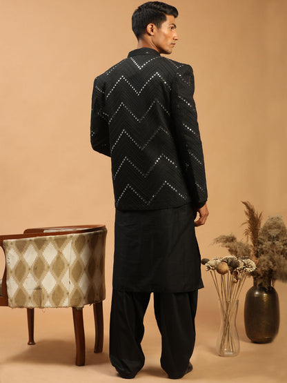 Men's Black Viscose Straight Jacket  Kurta and Pyjama Set