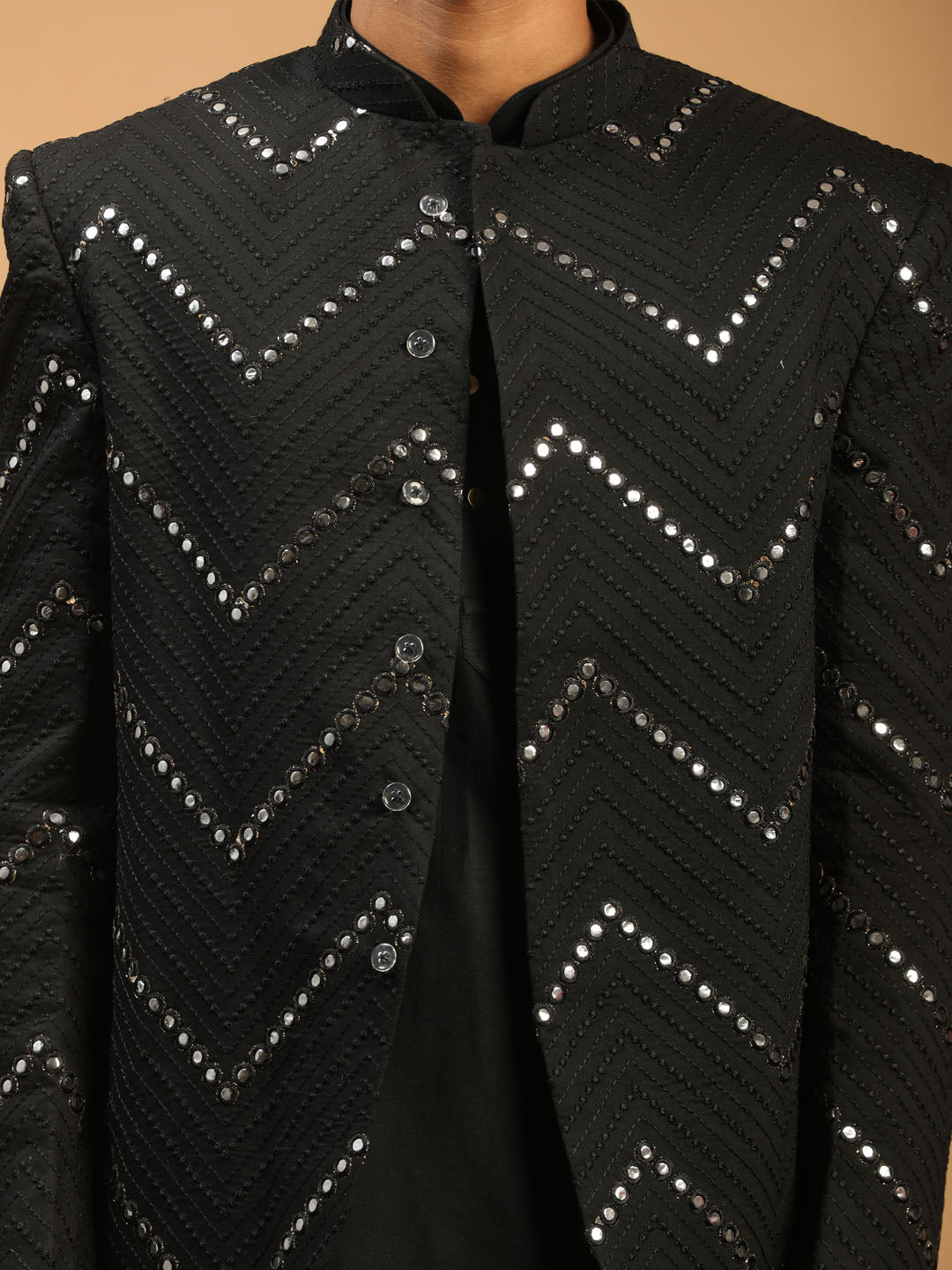 Men's Black Viscose Straight Jacket  Kurta and Pyjama Set