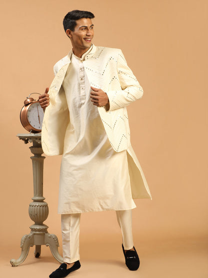 Men's Cream Viscose Straight Jacket  Kurta and Pyjama Set