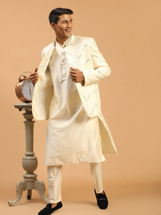 Men's Cream Viscose Straight Jacket  Kurta and Pyjama Set
