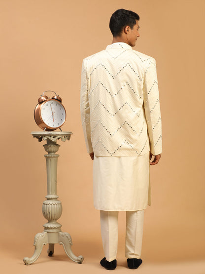 Men's Cream Viscose Straight Jacket  Kurta and Pyjama Set
