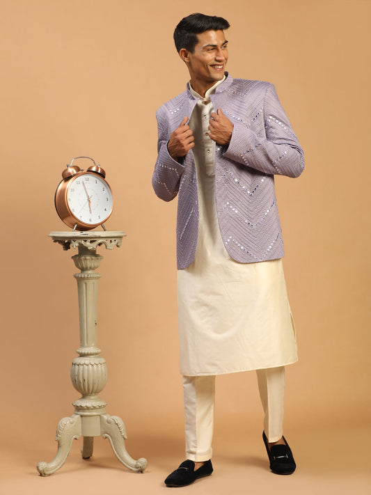 Men's Cream Viscose Straight Jacket  Kurta and Pyjama Set