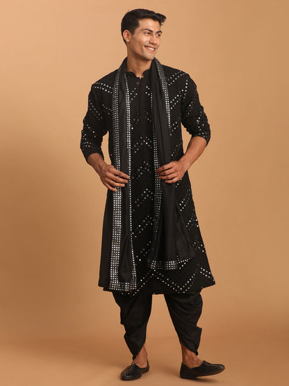 Men's Black Georgette Straight Kurta and Dhoti Pant  Dupatta