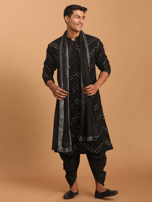 Men's Black Georgette Straight Kurta and Dhoti Pant  Dupatta