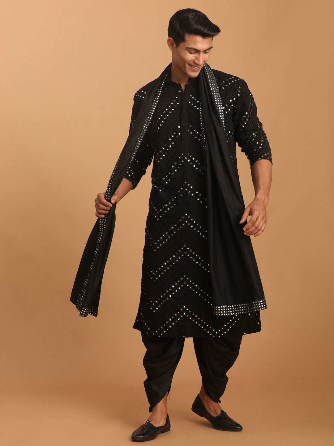 Men's Black Georgette Straight Kurta and Dhoti Pant  Dupatta