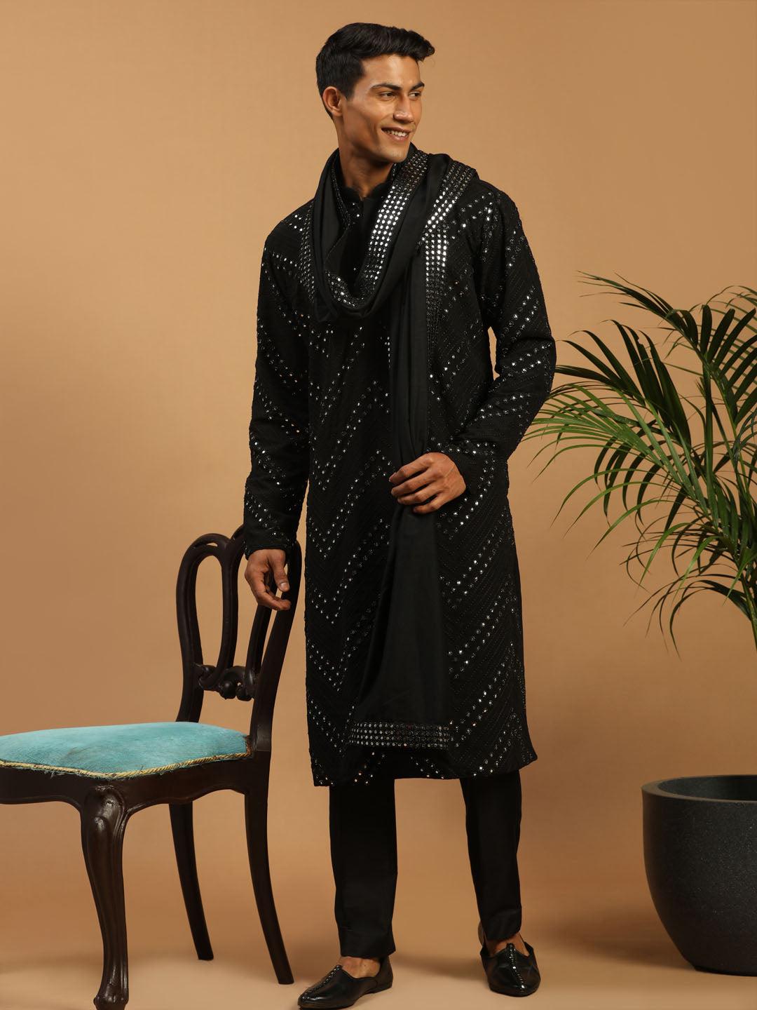 Men's Black Georgette Straight Kurta Pyjama Set
