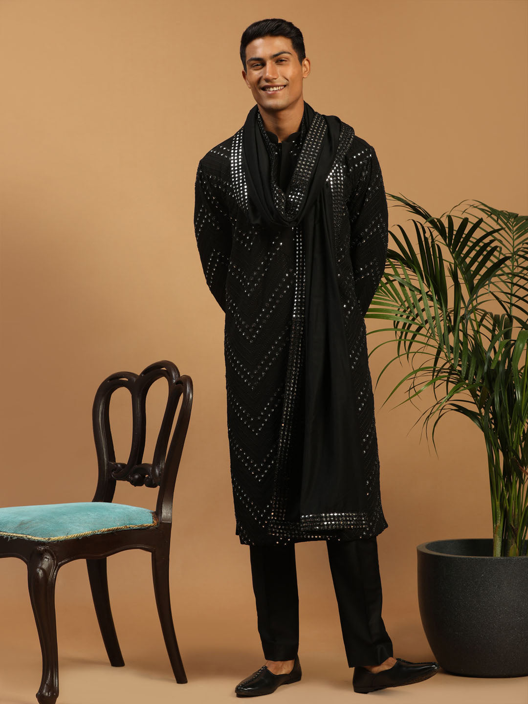 Men's Black Georgette Straight Kurta Pyjama Set