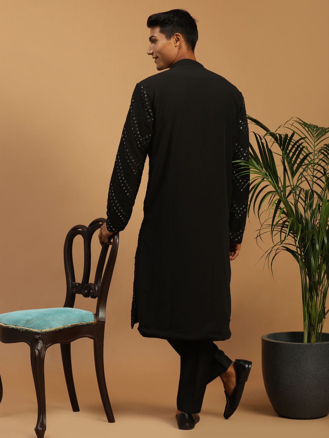 Men's Black Georgette Straight Kurta Pyjama Set