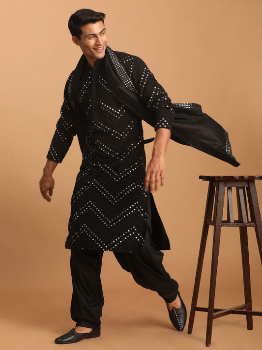 Men's Black Georgette Straight Kurta and Patiala Set