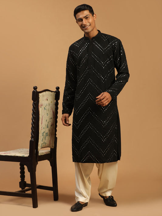 Men's Black Georgette Straight Kurta and Patiala Set