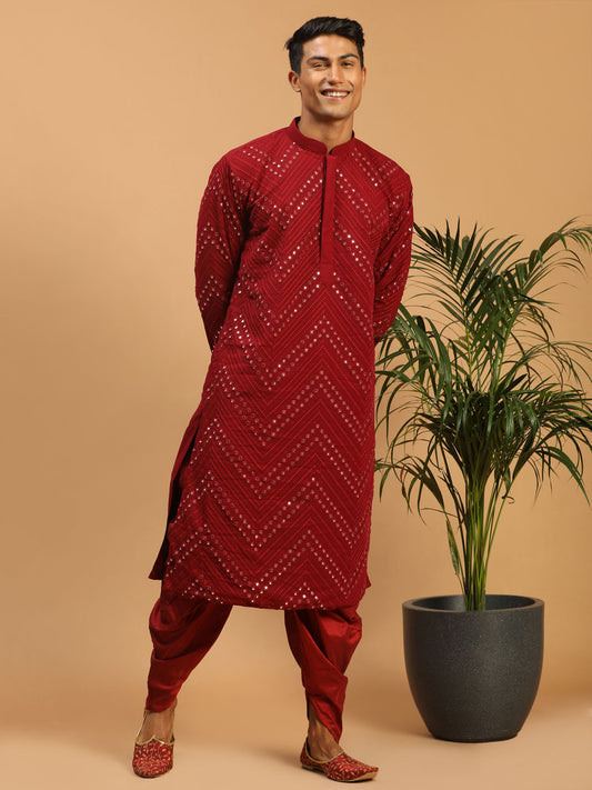 Men's Maroon Georgette Straight Kurta and Dhoti Set