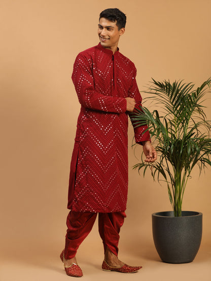 Men's Maroon Georgette Straight Kurta and Dhoti Set