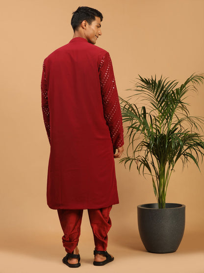 Men's Maroon Georgette Straight Kurta and Dhoti Set