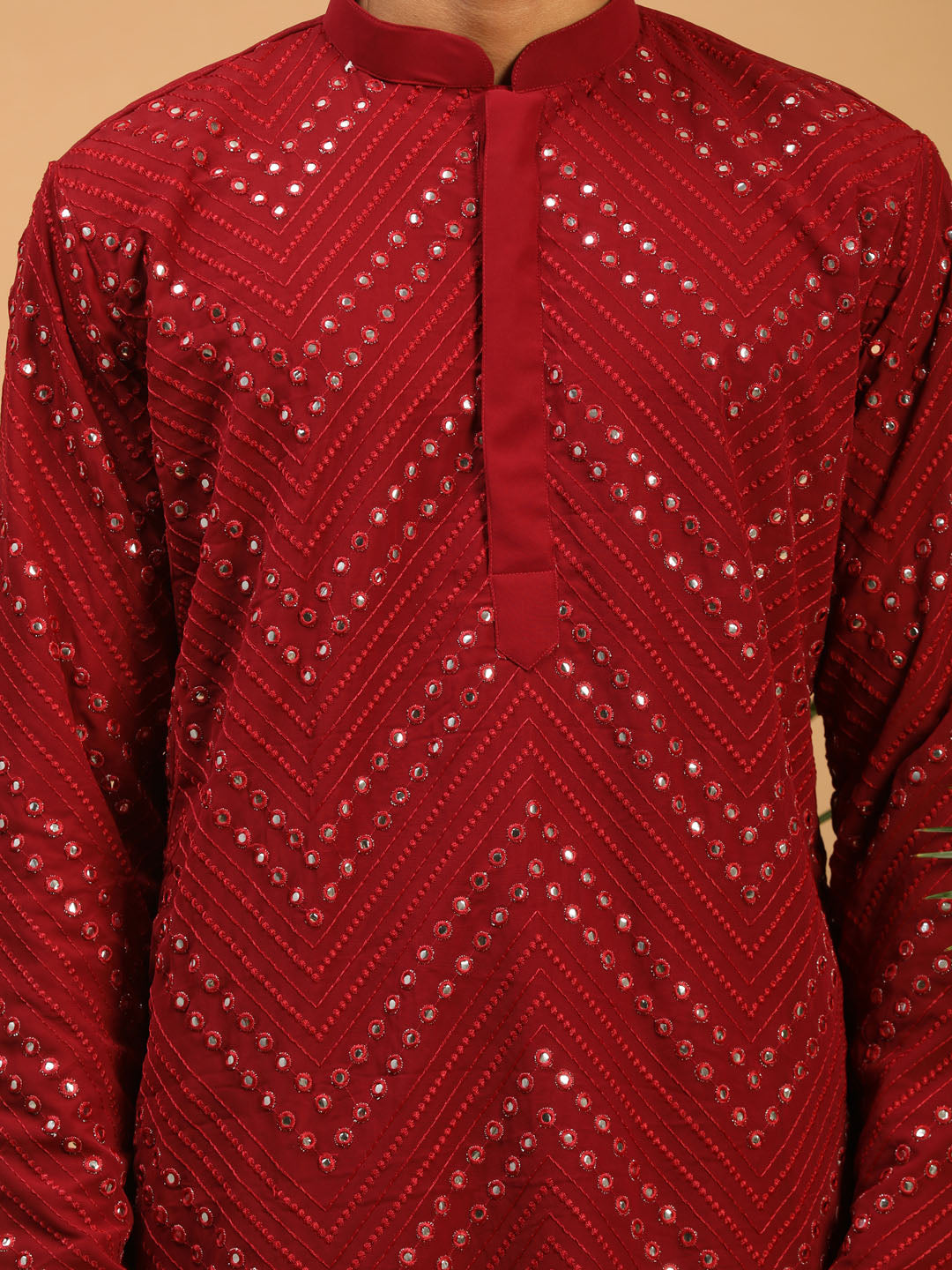Men's Maroon Georgette Straight Kurta and Dhoti Set