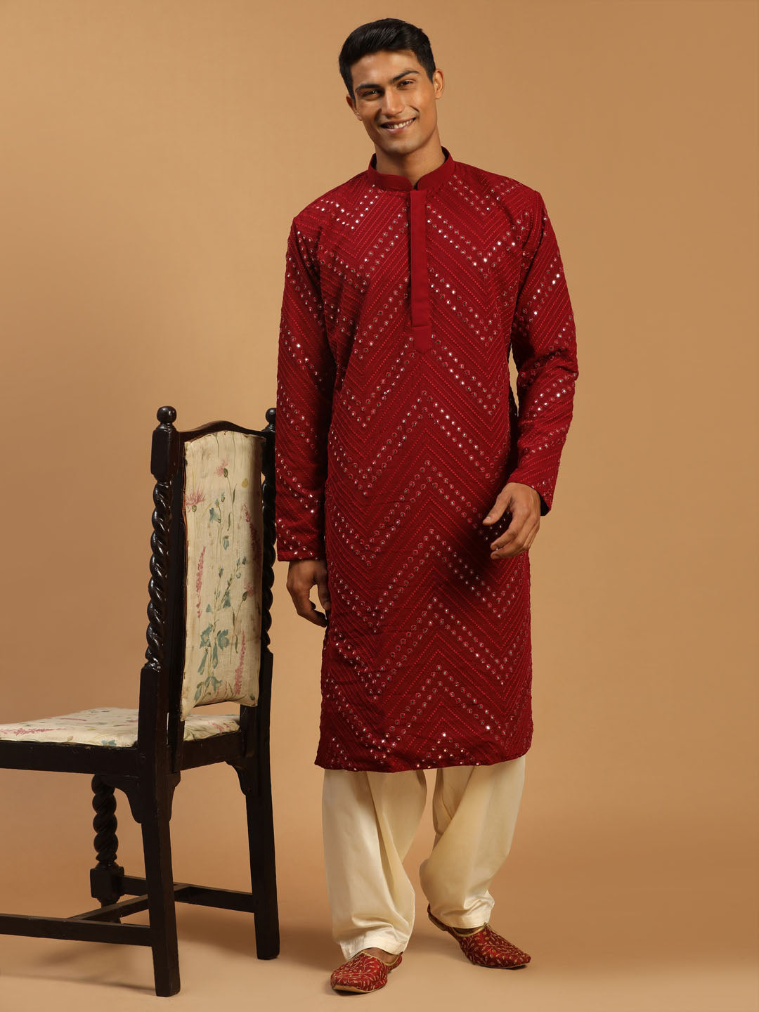 Men's Maroon Georgette Straight Kurta and Patiala Set