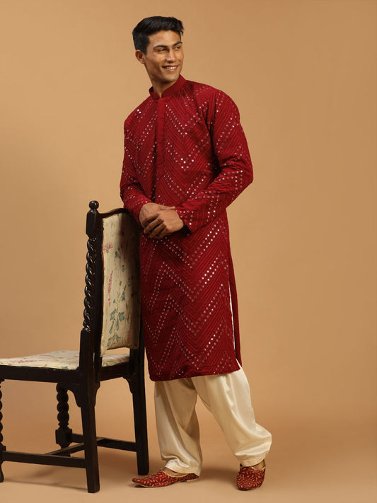 Men's Maroon Georgette Straight Kurta and Patiala Set