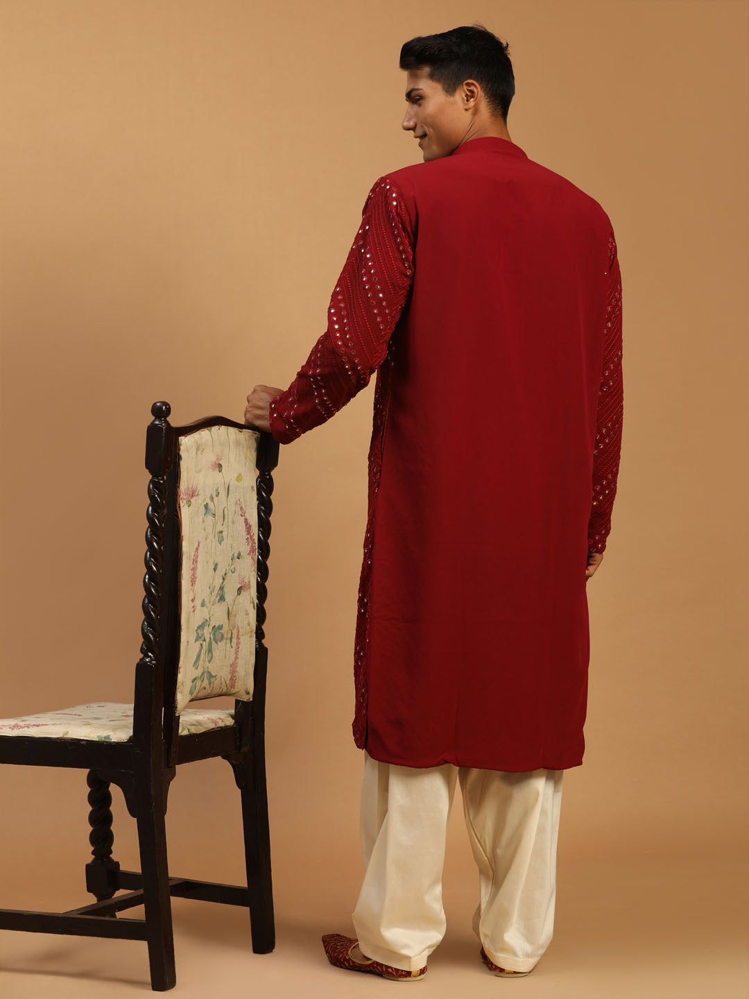 Men's Maroon Georgette Straight Kurta and Patiala Set