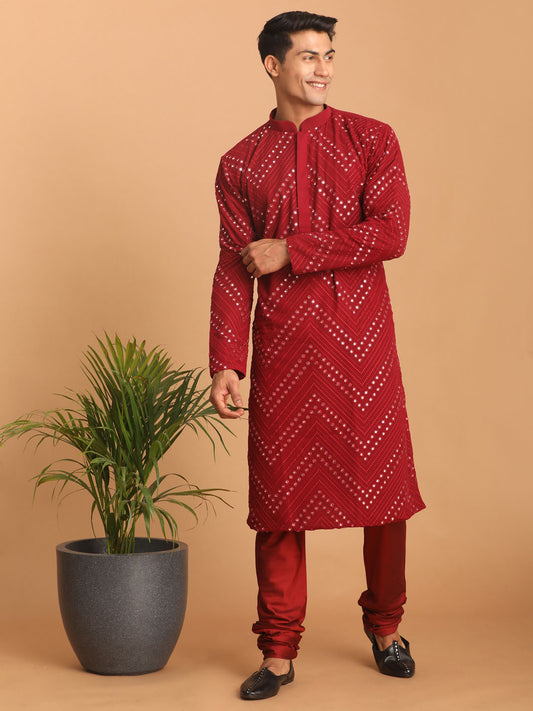 Men's Maroon Georgette Straight Kurta Pyjama Set