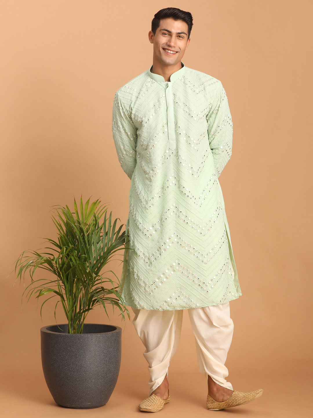 Men's Mint Green Georgette Straight Kurta and Dhoti Set