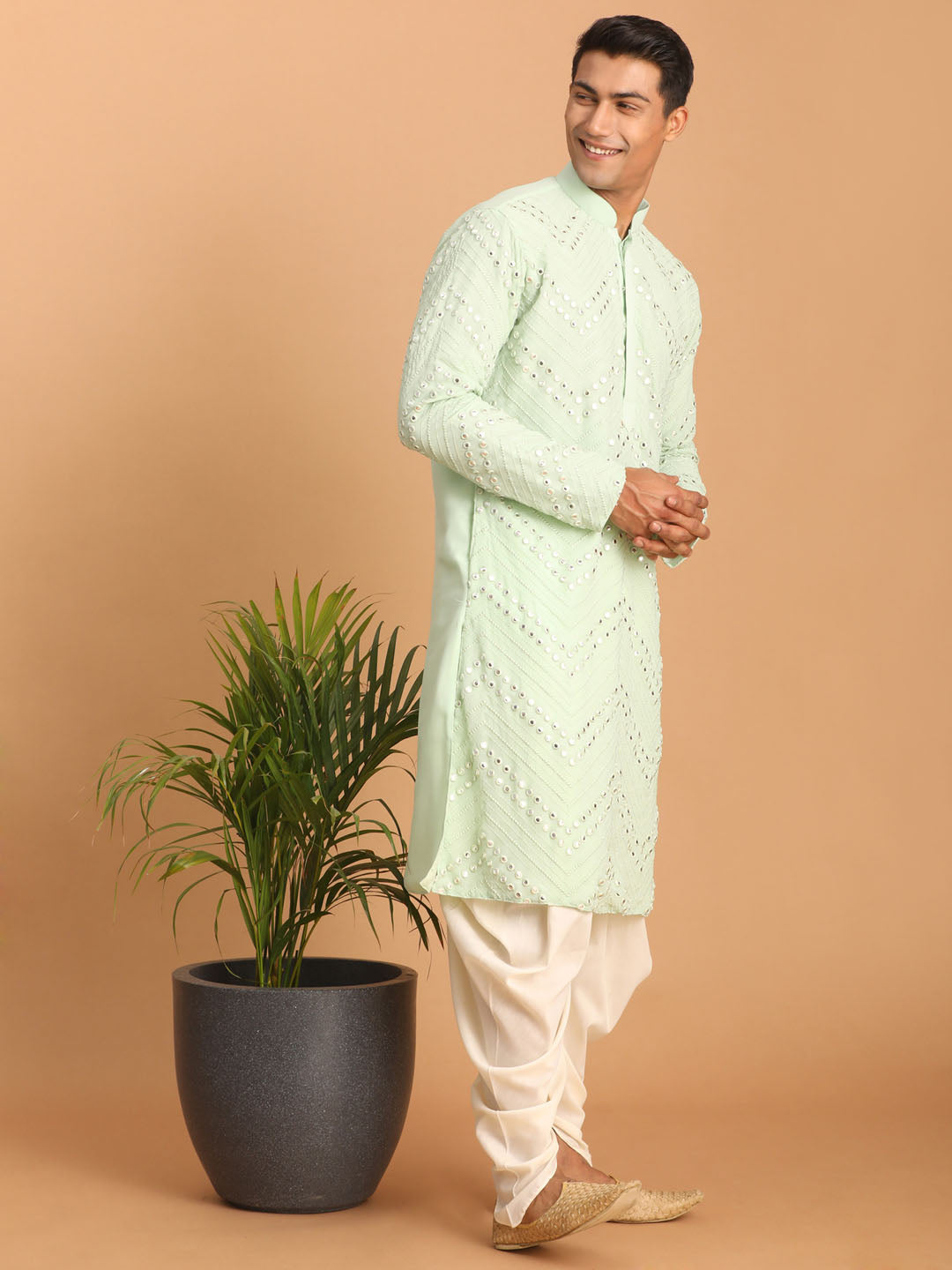 Men's Mint Green Georgette Straight Kurta and Dhoti Set