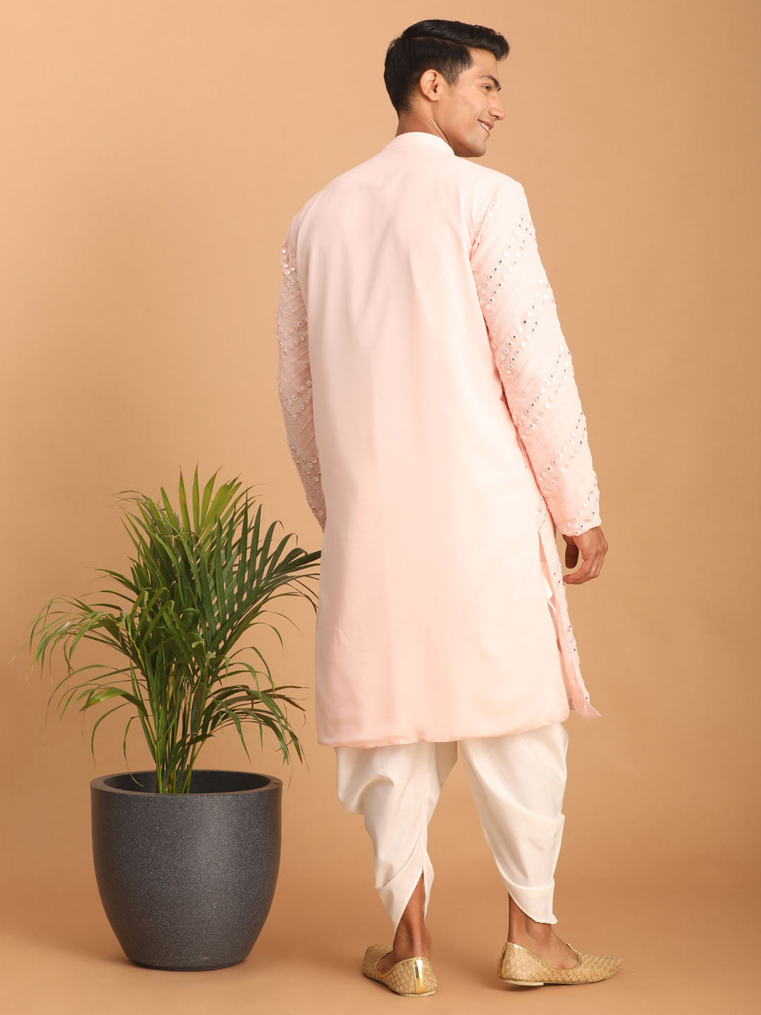 Men's Pink Georgette Straight Kurta and Dhoti Set
