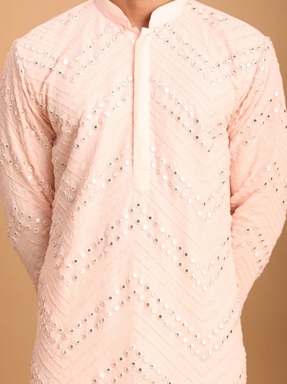 Men's Pink Georgette Straight Kurta and Dhoti Set