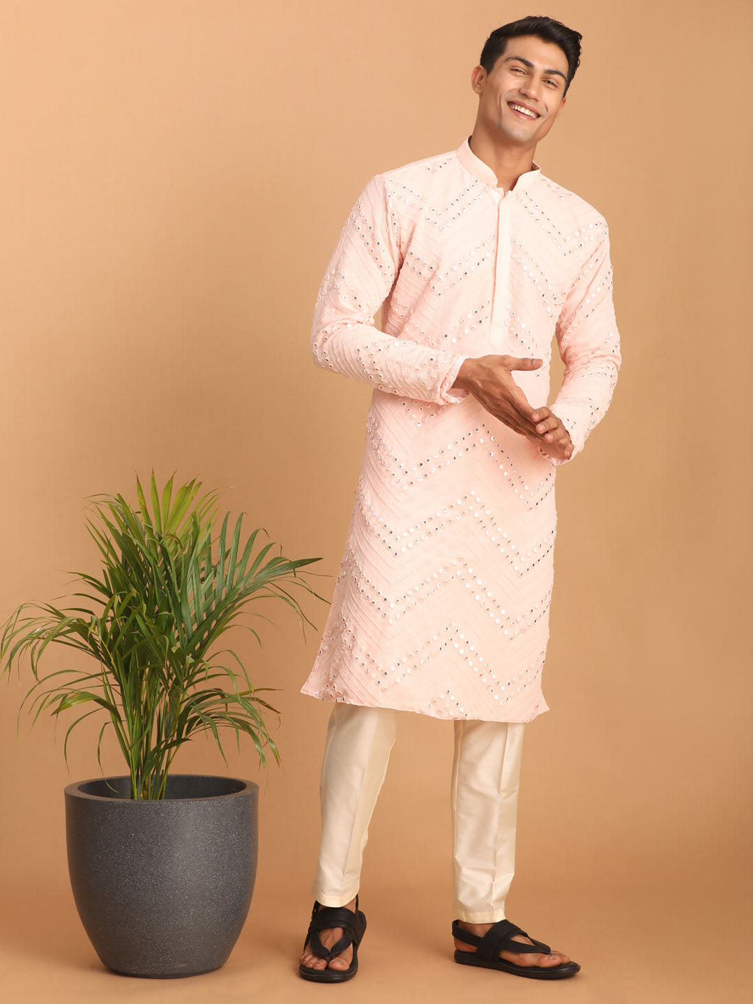 Men's Pink Georgette Straight Kurta Pyjama Set
