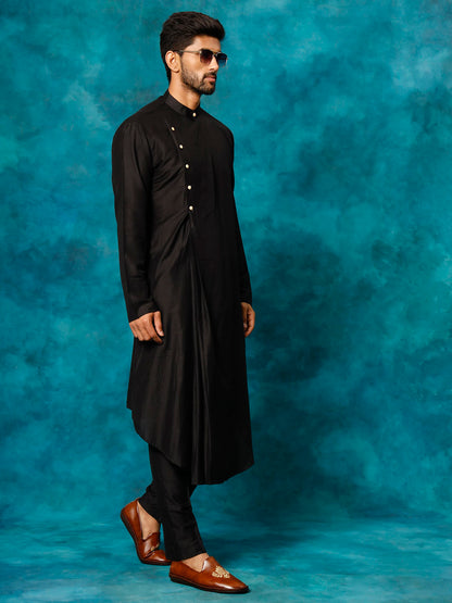 Men's Black Viscose Blend Asymmetric Kurta Pyjama Set