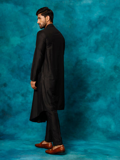 Men's Black Viscose Blend Asymmetric Kurta Pyjama Set