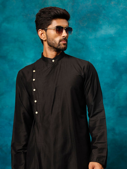 Men's Black Viscose Blend Asymmetric Kurta Pyjama Set