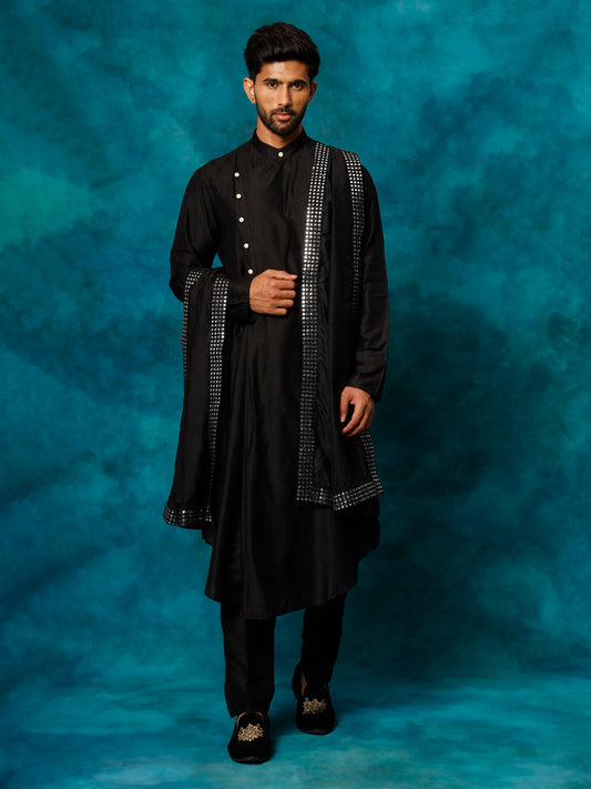 Men's Black Viscose Blend Asymmetric Kurta  Pyjama & Dupatta Set