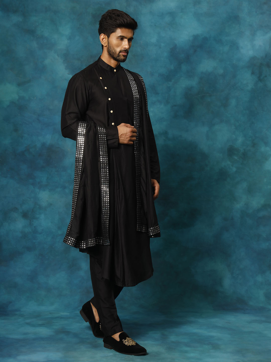 Men's Black Viscose Blend Asymmetric Kurta  Pyjama & Dupatta Set