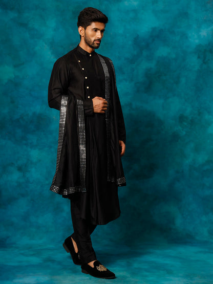 Men's Black Viscose Blend Asymmetric Kurta  Pyjama & Dupatta Set