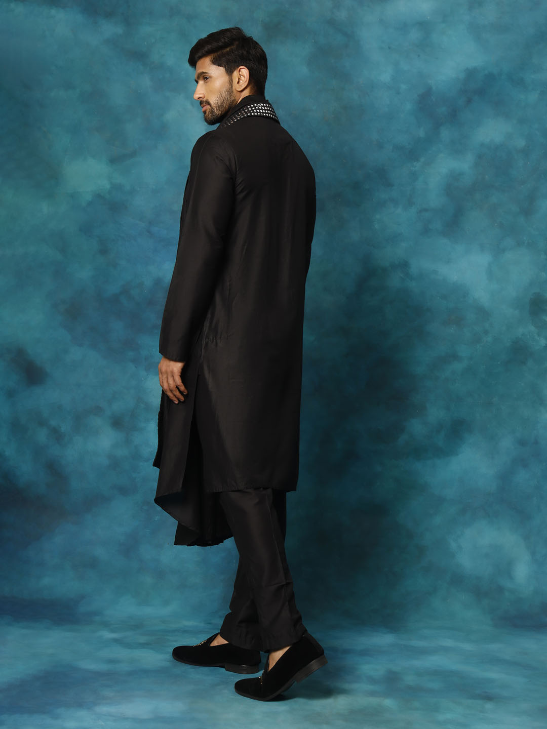 Men's Black Viscose Blend Asymmetric Kurta  Pyjama & Dupatta Set