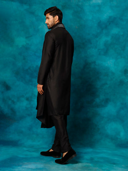 Men's Black Viscose Blend Asymmetric Kurta  Pyjama & Dupatta Set
