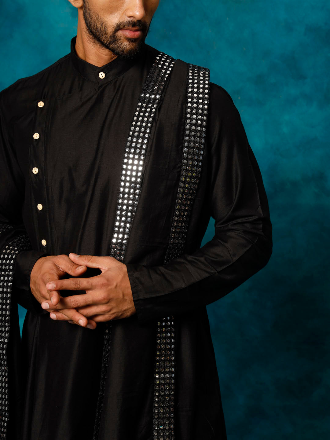Men's Black Viscose Blend Asymmetric Kurta  Pyjama & Dupatta Set