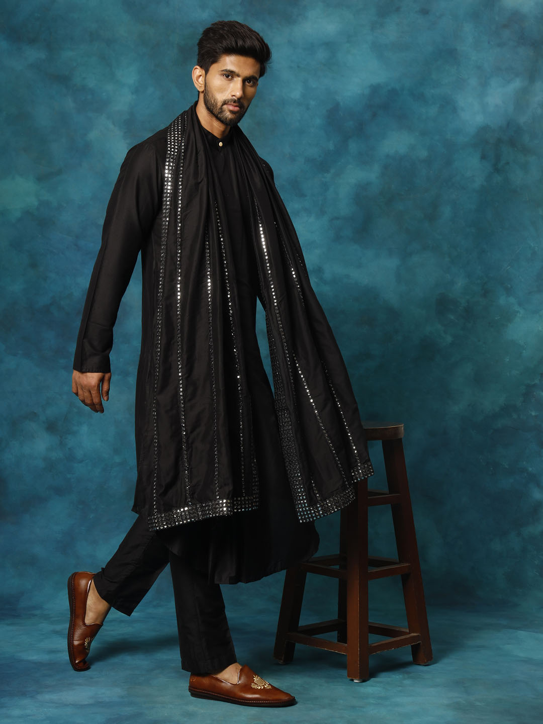 Men's Black Viscose Blend Asymmetric Kurta  Pyjama & Dupatta Set