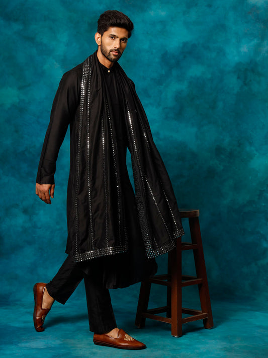 Men's Black Viscose Blend Asymmetric Kurta  Pyjama & Dupatta Set