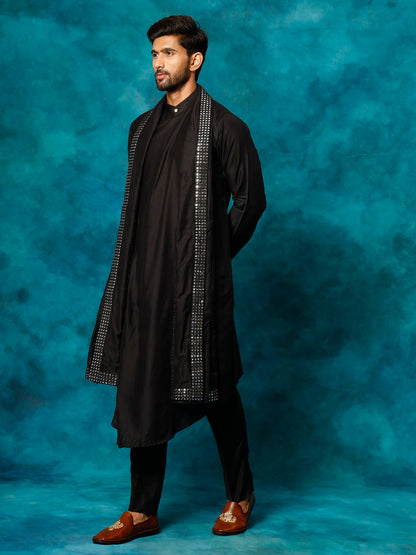 Men's Black Viscose Blend Asymmetric Kurta  Pyjama & Dupatta Set