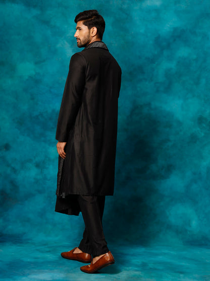 Men's Black Viscose Blend Asymmetric Kurta  Pyjama & Dupatta Set