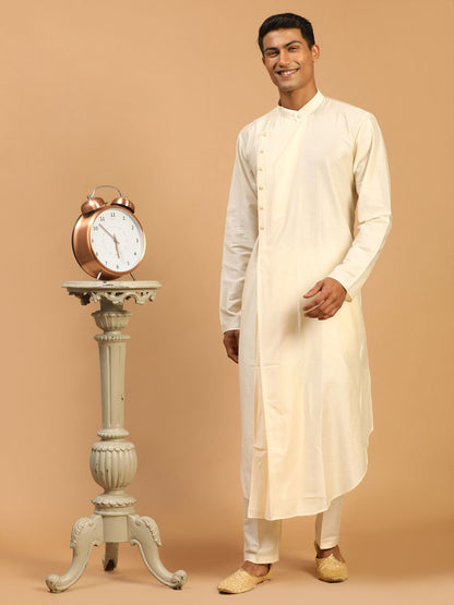 Men's Cream Viscose Blend Asymmetric Kurta Pyjama Set