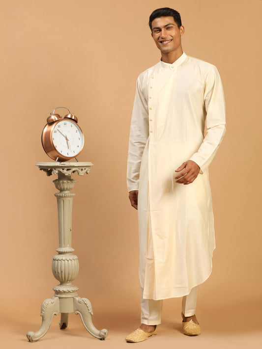 Men's Cream Viscose Blend Asymmetric Kurta Pyjama Set