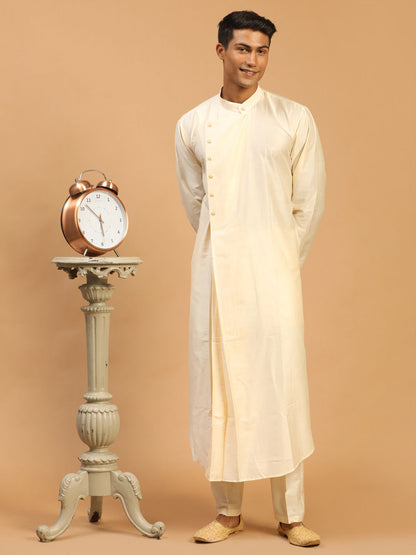 Men's Cream Viscose Blend Asymmetric Kurta Pyjama Set
