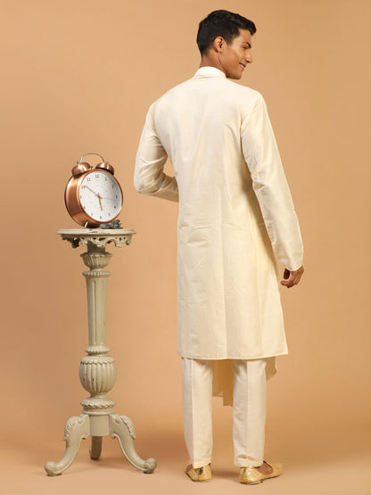 Men's Cream Viscose Blend Asymmetric Kurta Pyjama Set
