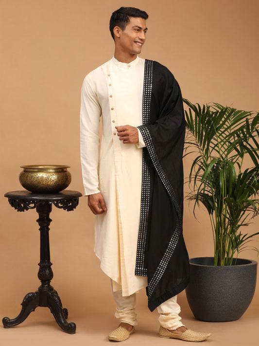 Men's Cream Viscose Blend Asymmetric Kurta  Pyjama & Dupatta Set